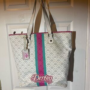 House of Deréon Vinyl large tote off white gray logo, hot pink &mint green trims